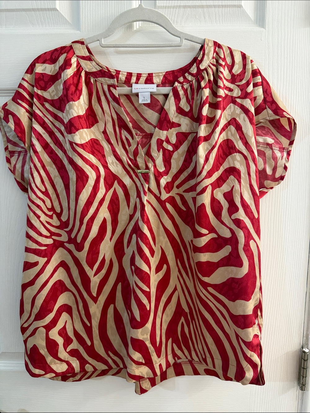Liz Claiborne Red and Cream Zebra-Print V-Neck Blouse